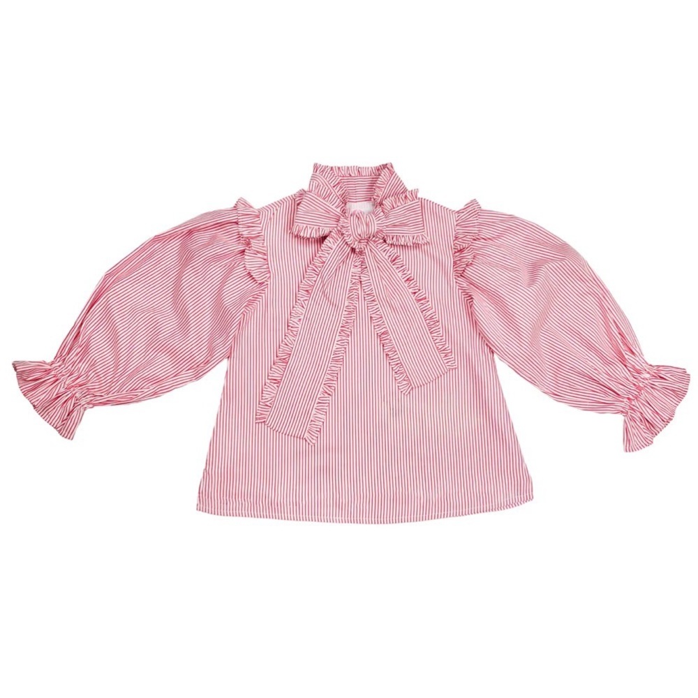 Elizabeth Wilson Pink Striped Ruffle Bow-Front Button Down Blouse - Women - Picture 2 of 3